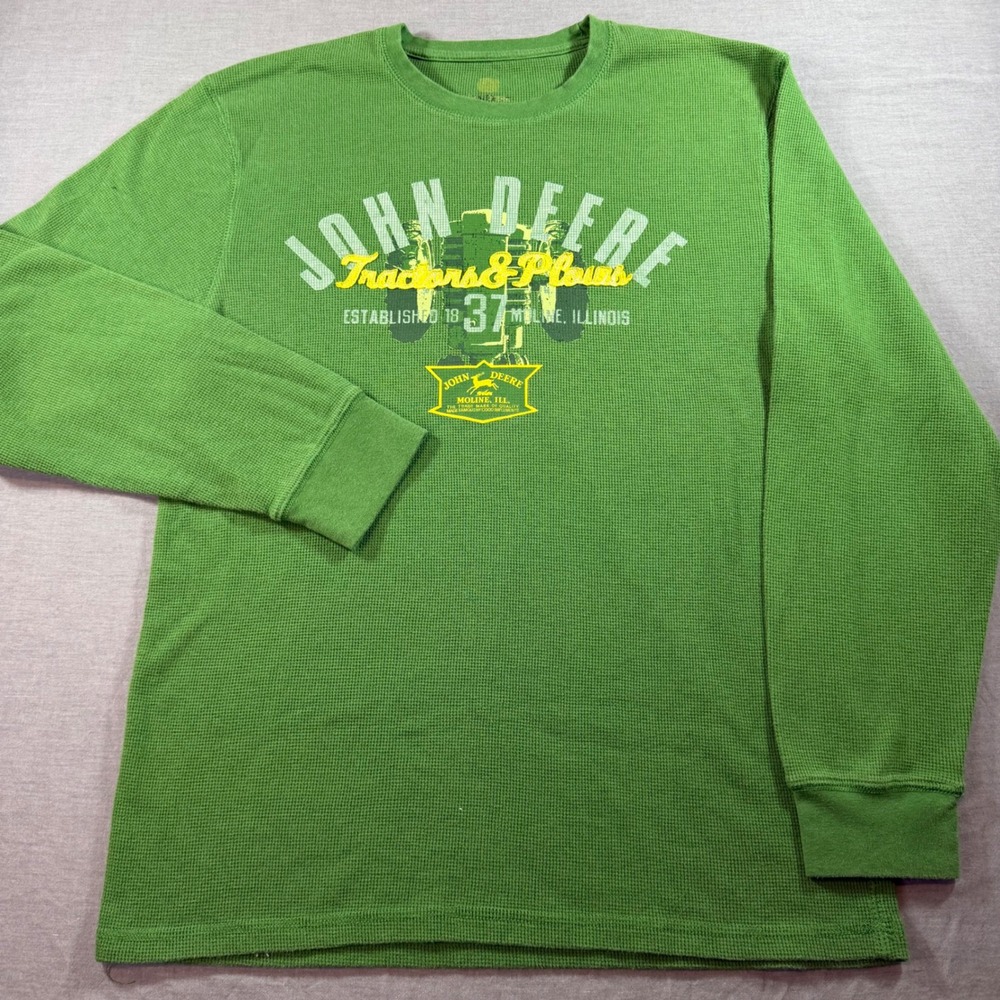 John Deere Thermal Shirt Mens XL Green Excellent Waffle Knit Long Sleeve Graphic
